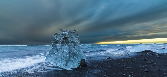 Bergy bits, Iceland. Powerful ocean currents sweep Iceland’s southern coast, tossing bergy bits and larger icebergs like dice. The ice, which formed in Europe’s largest ice cap over a thousand years ago, calves at the shore of Jökulsárlón glacial lagoon. Canon EOS 5D Mark III Zeiss Distagon T* 2.8/15 ZE lens f/11 for 1/10 second ISO 100