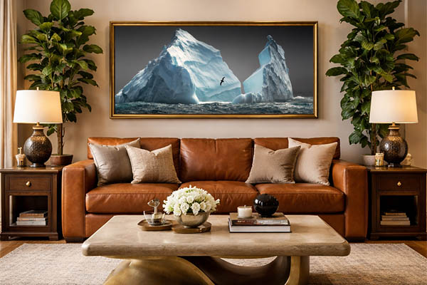 earth-toned living room displaying an art wolfe fine art print